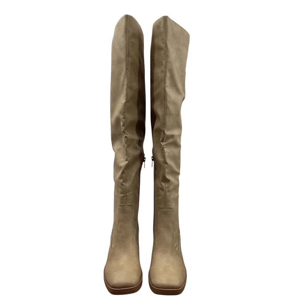 Sun + Stone Vivvii Tan Over The Knee Block Heel Square Toe Boots F42199  6.5